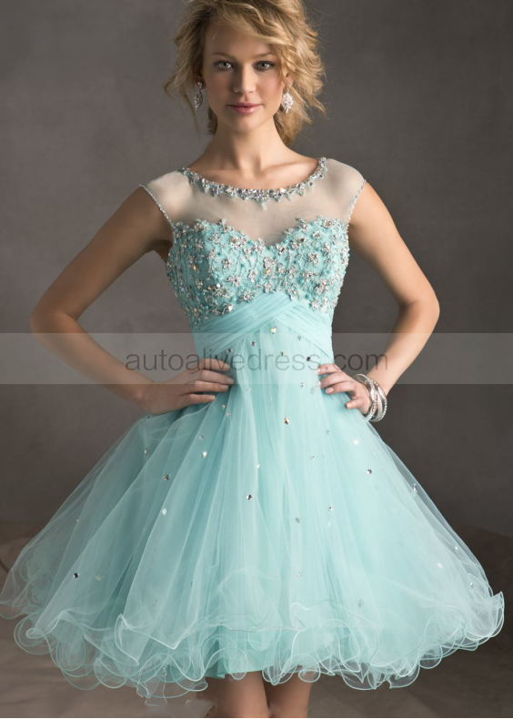 Tulle Beaded Scoop Neckline Key Hole Back Knee Length Prom Dress 